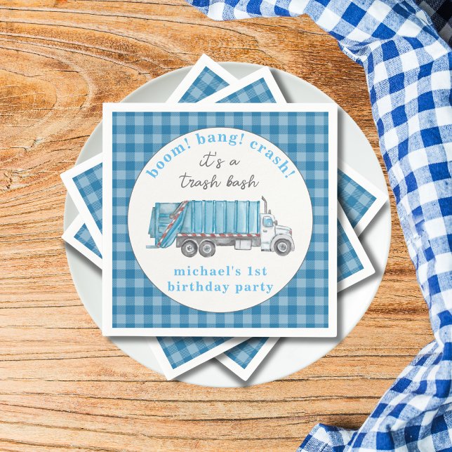 Garbage Trash Truck Blue Gingham 1st Birthday  Pappersservett (Skapare uppladdad)