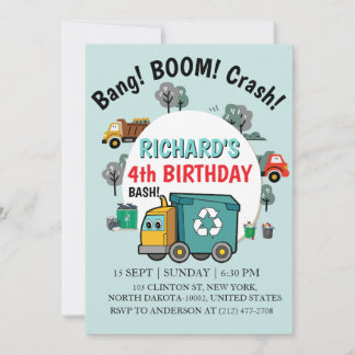 Garbage Truck Themed Kids Trash Party Birthday Inbjudningar