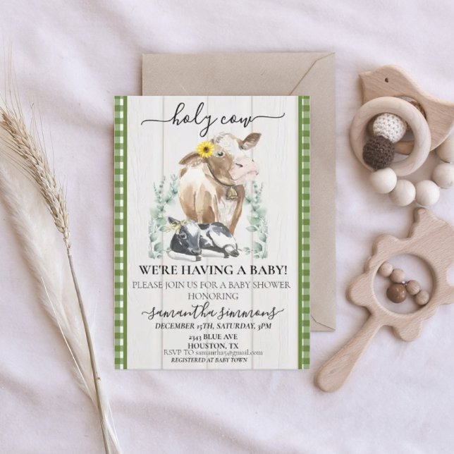 Gård Helig Ko Kalv Baby Shower Rutig Grön  Inbjudningar (Skapare uppladdad)