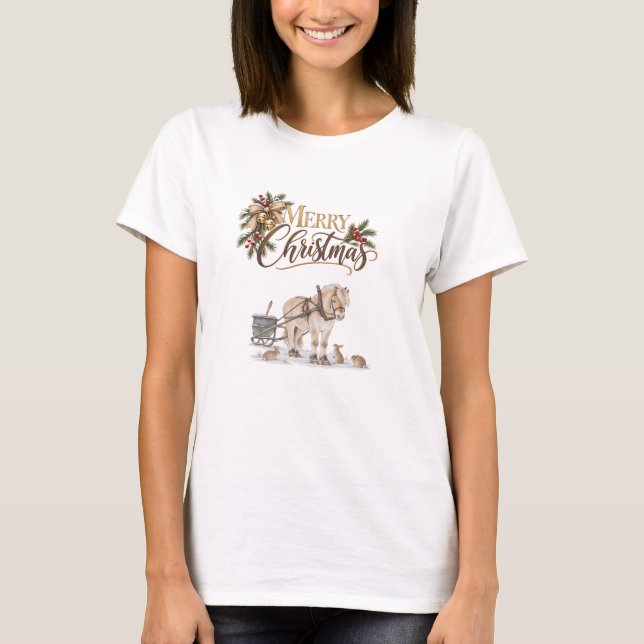 Gård Vinter Häst God Jul T Shirt (Framsida)