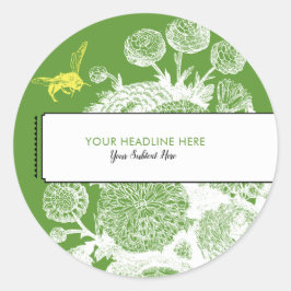 Garden Bee Toile Grönt Wedding Favor Label Runt Klistermärke