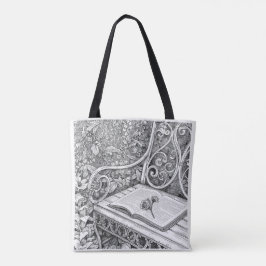 Garden Bench & Book Aesthetic Ink Art Tote Bag Tygkasse
