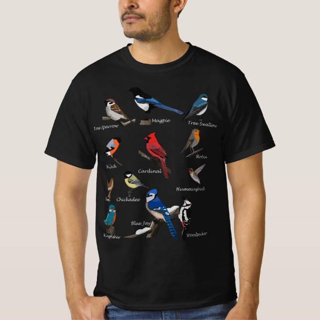 Garden Birds Cardinal Blue Jay Hummingbird Robin W T Shirt (Framsida)