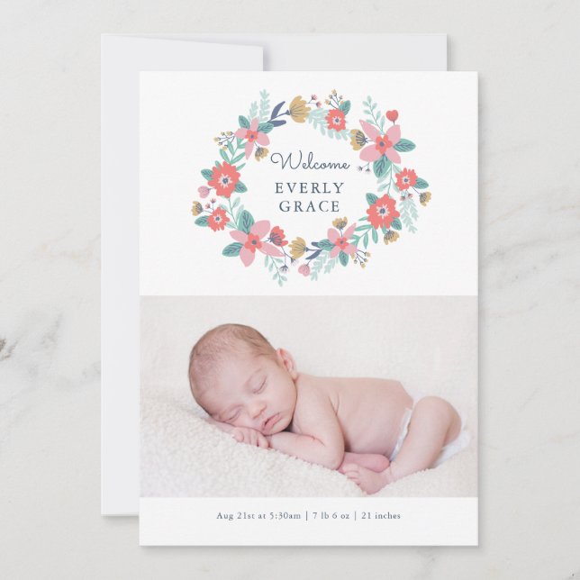 Garden Blommigt Birth Notice cement Meddelande (Framsida)