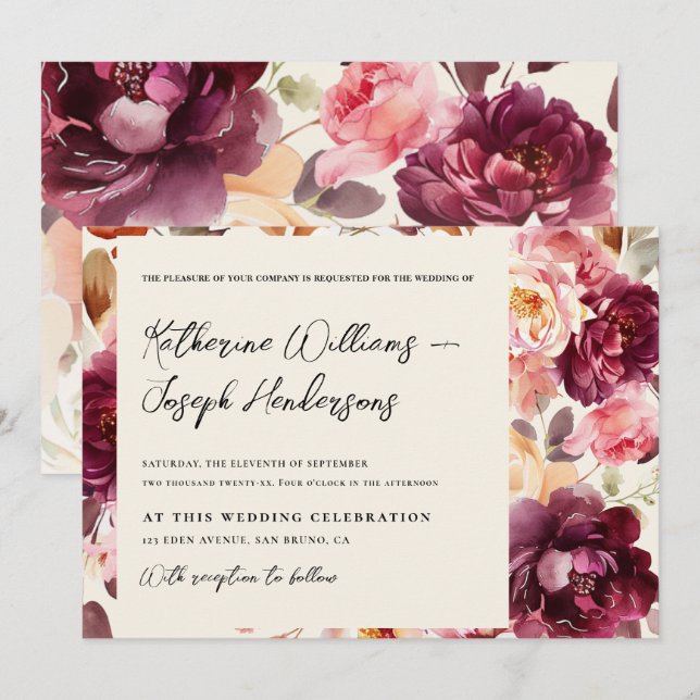 Garden Blommigt Burgundy Script-kalligrafi Bröllop Inbjudningar (Fram/baksida)