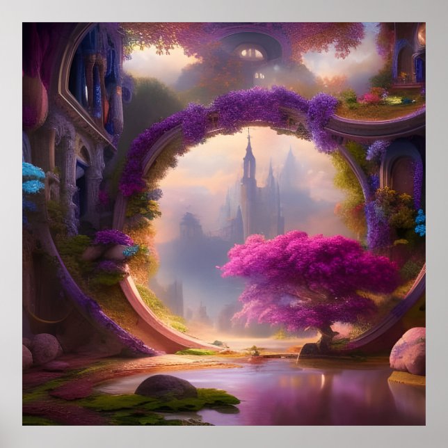 gården blommigt i Fantasy rosa träd Poster (Framsidan)