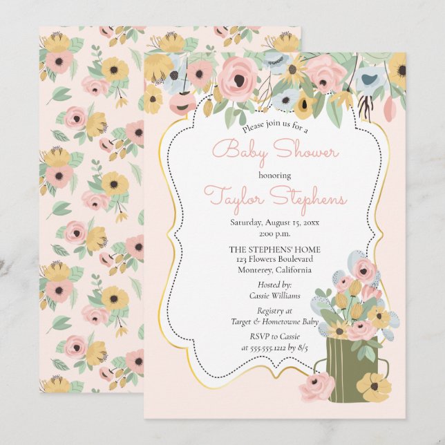 Garden Blommigt Rosa | Gult Bouquet Baby Shower Inbjudningar (Fram/baksida)