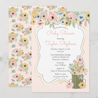 Garden Blommigt Rosa | Gult Bouquet Baby Shower Inbjudningar