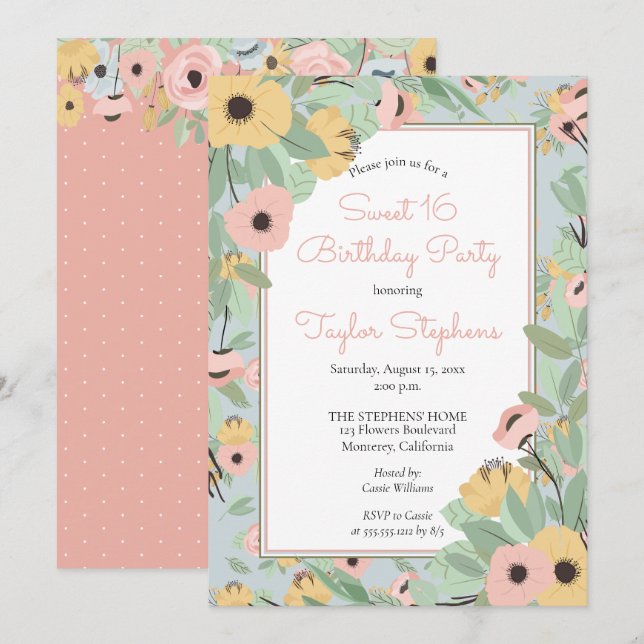 Garden Blommigt Rosa | Gult Bouquet Sweet 16 Party Inbjudningar (Fram/baksida)