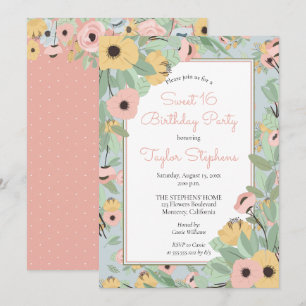 Garden Blommigt Rosa Gult Bouquet Sweet 16 Party Inbjudningar