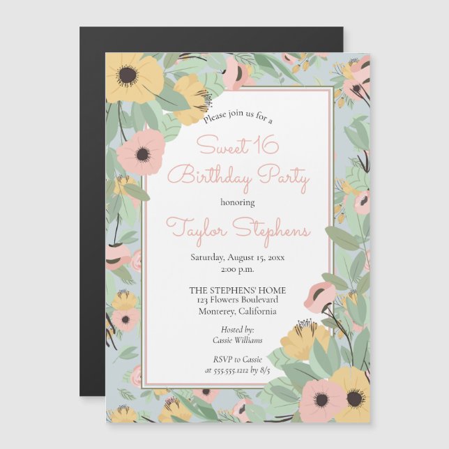 Garden Blommigt Rosa | Gult Bouquet Sweet 16 Party Magnetisk Inbjudningskort (Fram/baksida)