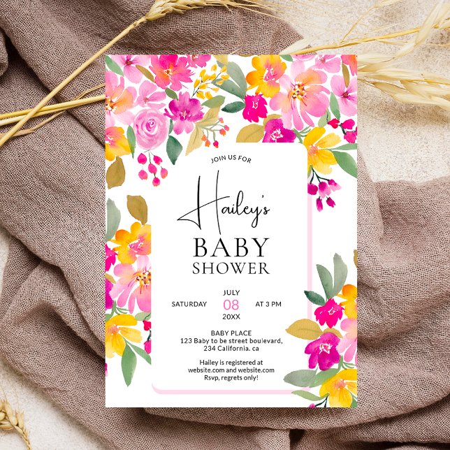 Garden - blommigt vattenfärgsbabydusch inbjudningar (Garden bright hand painted floral watercolor baby shower invitation)