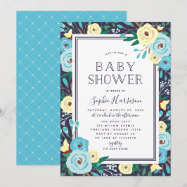 Garden Blooms Blommigt Blue Baby Shower Inbjudningar