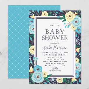 Garden Blooms Blommigt Blue Baby Shower Inbjudningar