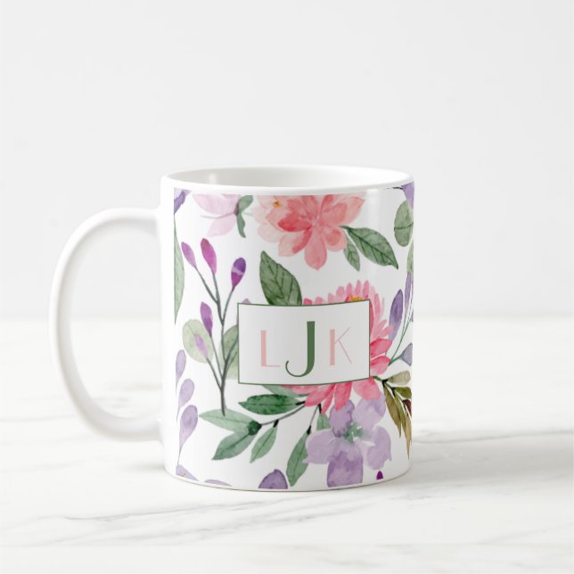 Garden Blooms Watercolor Blommigt Monogram Mugg (Vänster)