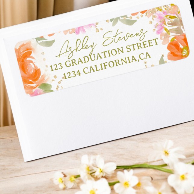 Garden boho orange wildblommor studenten returadress etikett (Garden boho orange wildflowers graduation label)