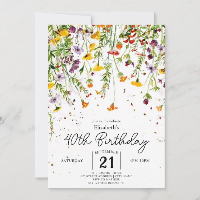Garden Boho Wildbloms 40-årsdag Inbjudningar (Framsida)