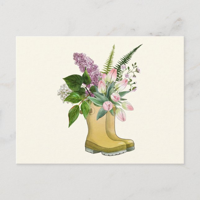 Garden Boots with Tulip and Lilac Flowers Vykort (Framsida)
