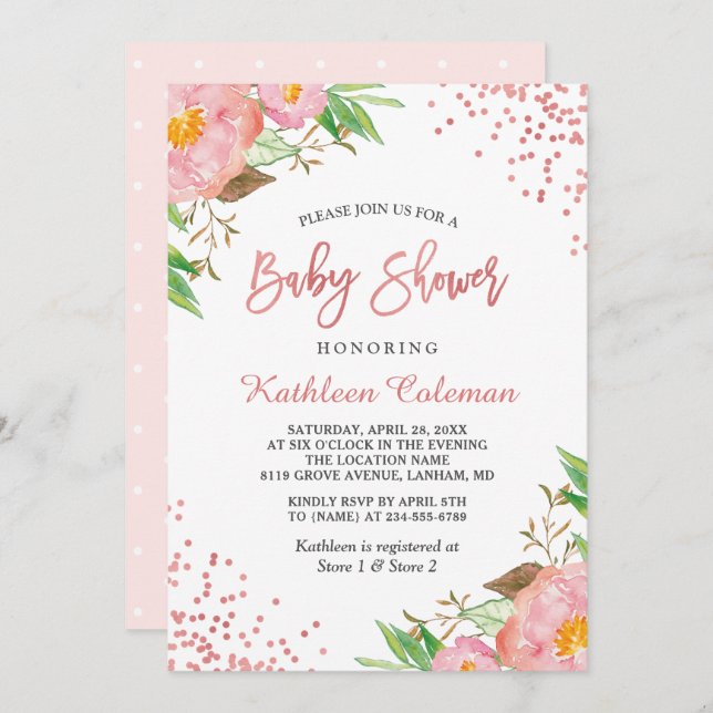 Garden Botanical Rosa Blommigt Dots Baby Shower Inbjudningar (Fram/baksida)