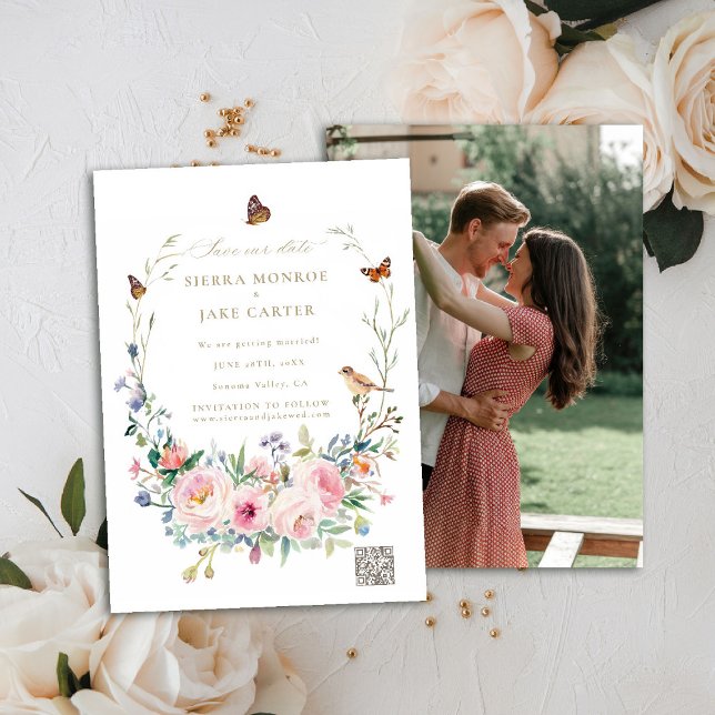 Garden Botaniskt QR-nummer Foto Bröllop Spara Date Inbjudningar (garden wedding save the date photo QR code wildflowers roses enchanted woodland forest butterflies)