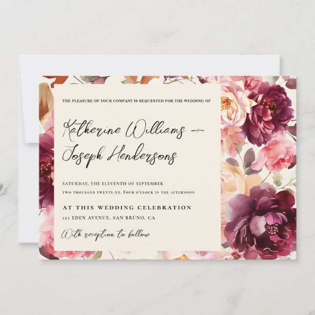 Garden Burgundy Script calligraphy Details Wedding Inbjudningar (Framsida)