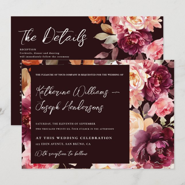 Garden Burgundy Script calligraphy Details Wedding Inbjudningar (Fram/baksida)