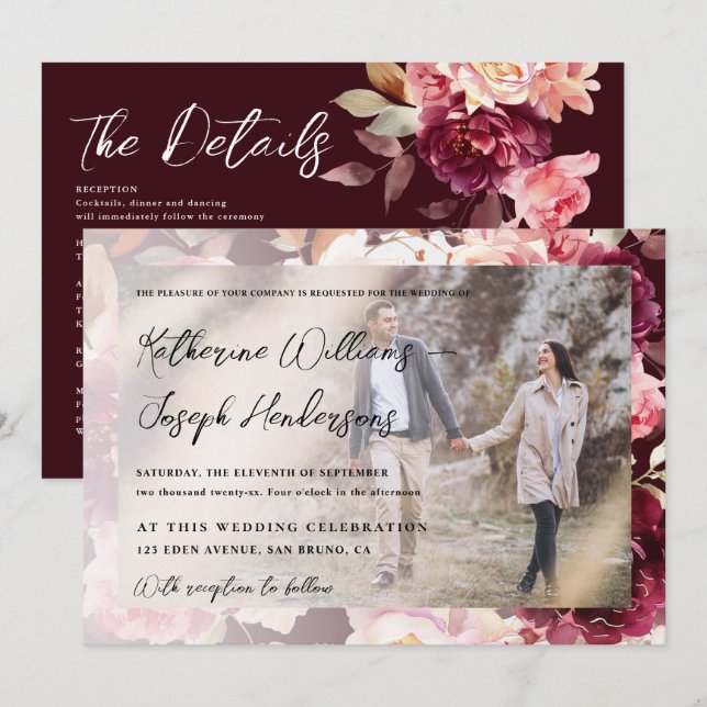 Garden Burgundy Script-kalligrafi Photo Bröllop Inbjudningar (Fram/baksida)