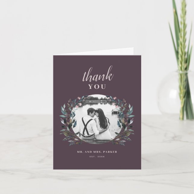 Garden Crest | Lila Blommig Bröllopsfoto Tack Kort (Framsida)