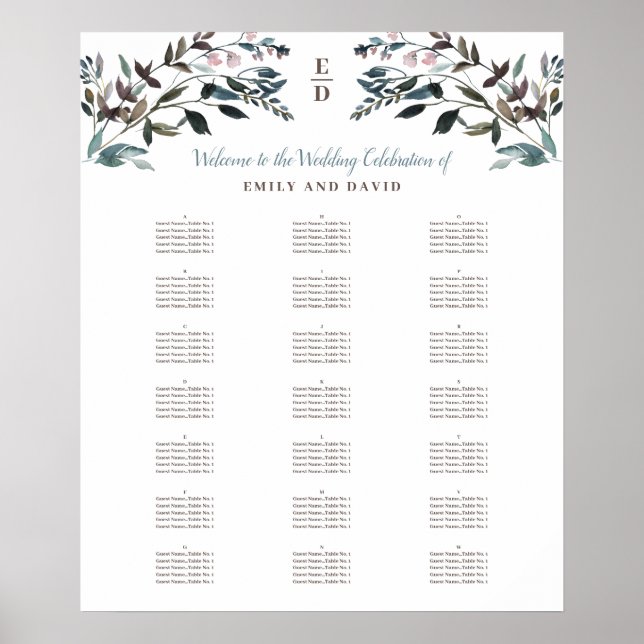 Garden Crest | White | Alphabetical Seating Chart Poster (Framsidan)