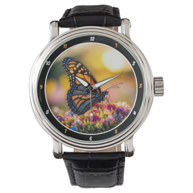 Garden Dawn" - Vibrant Butterfly & Floral  Armbandsur (Framsida)