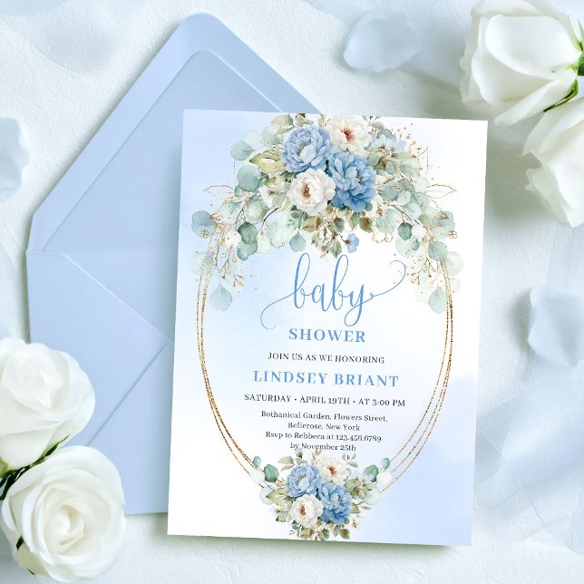 Garden Dusty Blue Flowers Greenery Baby Shower Inbjudningar (Garden Dusty Blue Flowers Greenery Baby Shower Invitation)