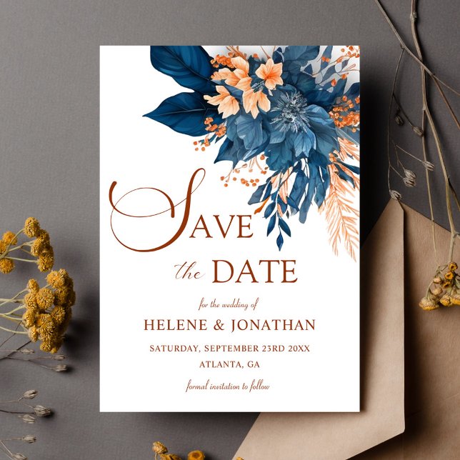 Garden Elegant Navy Blue Orange Blommigt Bröllop Spara Datumet (Garden Elegant Navy Blue Orange Floral Wedding Save The Date)