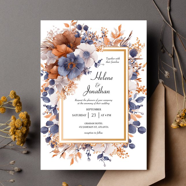 Garden Elegant Watercolor Dusty Blue Rust Bröllop Inbjudningar (Garden Elegant Watercolor Dusty Blue Rust Wedding Invitation)
