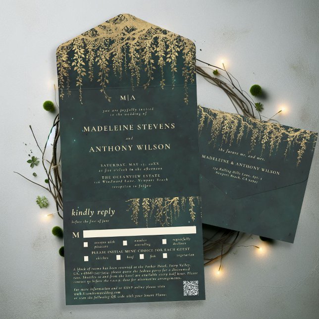 Garden Emerald Guld Fairy Forest Bröllop (enchanted forest hanging greenery all in one wedding invitation qr code meal choice woodland fairy)