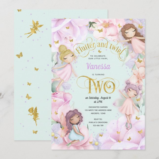 Garden Fairy themed, andra födelsedagsinbjudan til Inbjudningar (Fram/baksida)