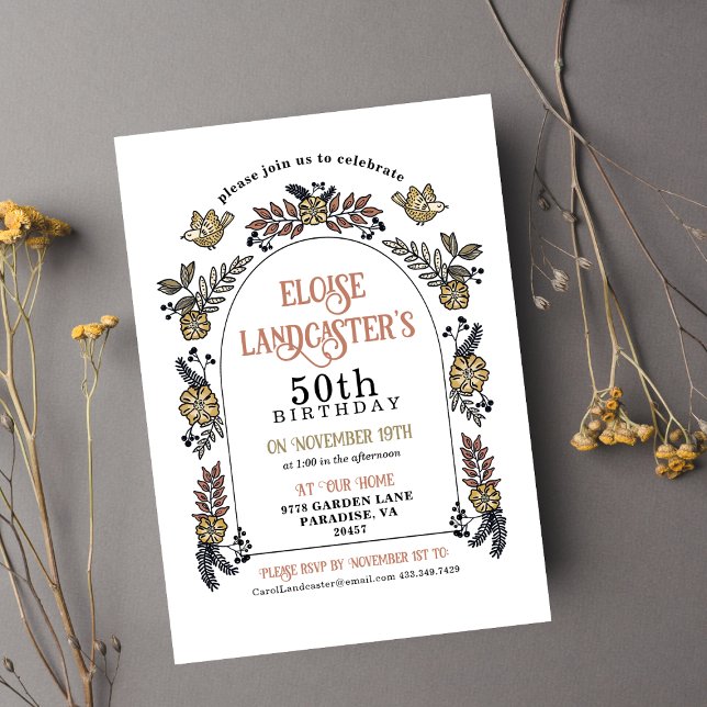 Garden Flower Arch Milestone 50:e födelsedagen Inbjudningar (Floral Garden Arch Birthday Invitation)