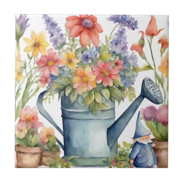 Garden Flowers and Watering Can Watercolor Kakelplatta (Framsidan)