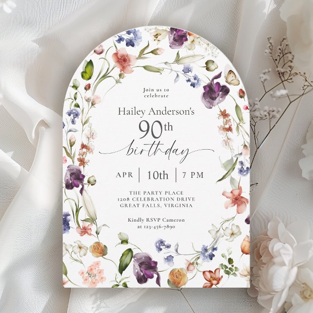 Garden Flowers Botanical Script 90th Birthday Inbjudningar (Skapare uppladdad)