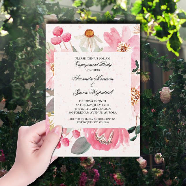 Garden Flowers Förlovningsfest Inbjudningar (Watercolor pink garden flowers engagement party invitations)