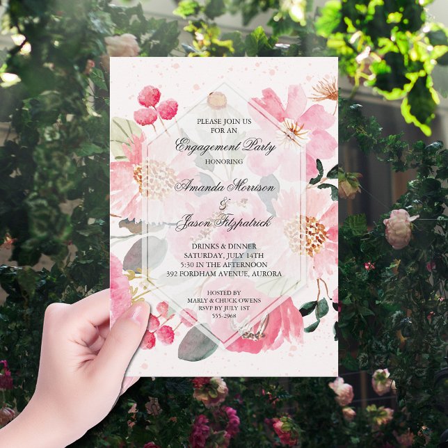 Garden Flowers Förlovningsfest Inbjudningar (Watercolor pink garden flowers engagement party invitations)