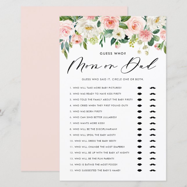 Garden Flowers Mamma eller Pappa Baby Shower Game (Fram/baksida)