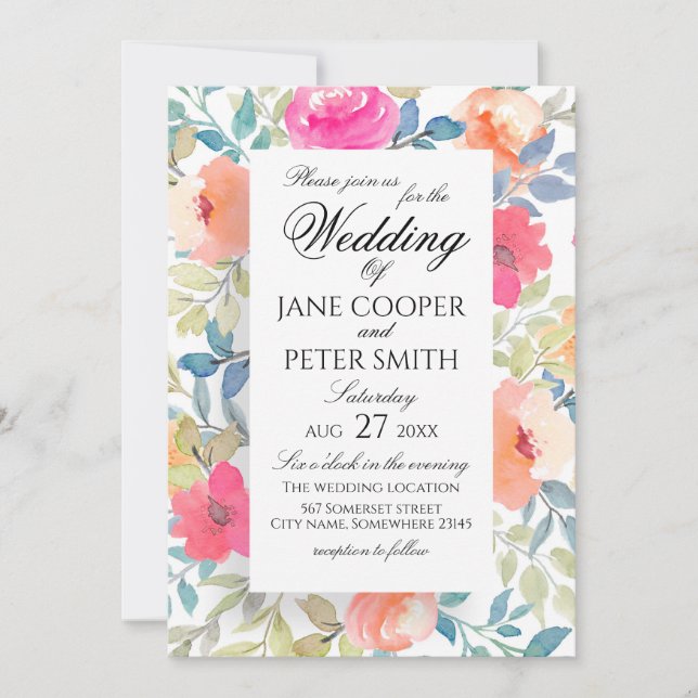 Garden flowers watercolours Wedding Invitation Inbjudningar (Framsida)
