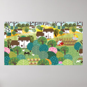 Garden, gård, natur och landsbygd. Vintage illu Poster