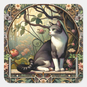 Garden Gateway Art nouveau Cat Fyrkantigt Klistermärke