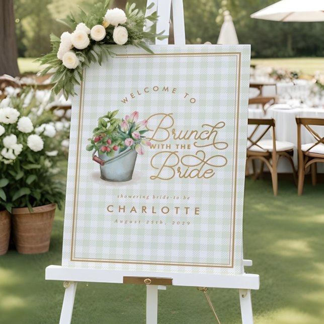 Garden Gingham Sage Guld Möhippa Brunch Sign Poster (Skapare uppladdad)