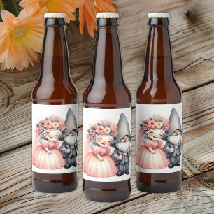 Garden Gnome Bride Groom Fairytale Rustic Bröllop Ölflaska Etikett