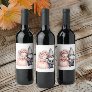 Garden Gnome Bride Groom Fairytale Rustic Bröllop Vinflaska Etikett