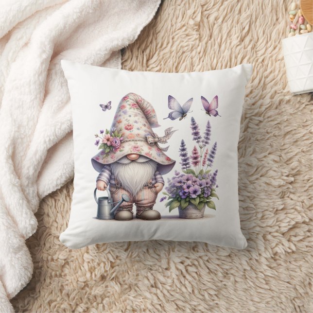 Garden Gnome Lila Rosa Flower Lavender Butterfly Kudde (Filt)