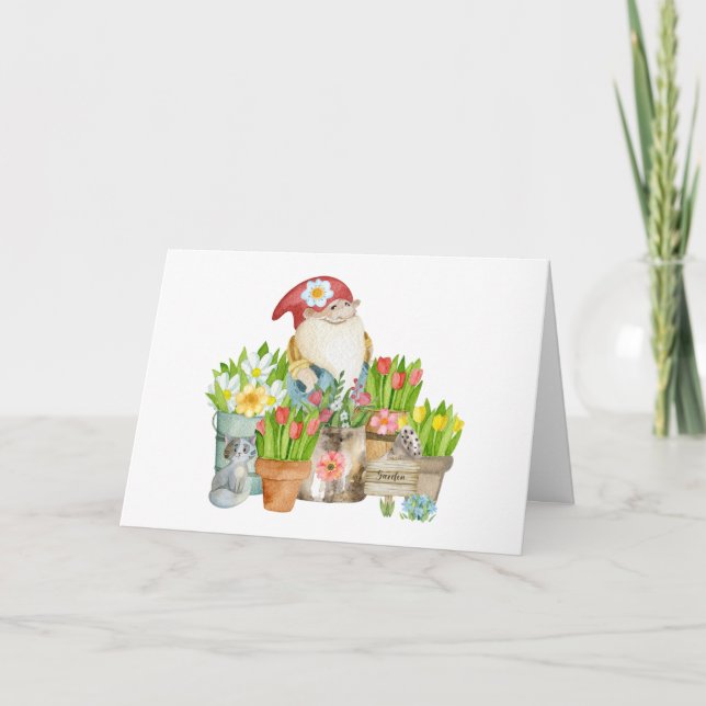Garden Gnome med Flowers och Cat Kort (Framsida)