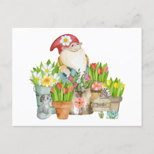 Garden Gnome med Flowers och Cat Vykort